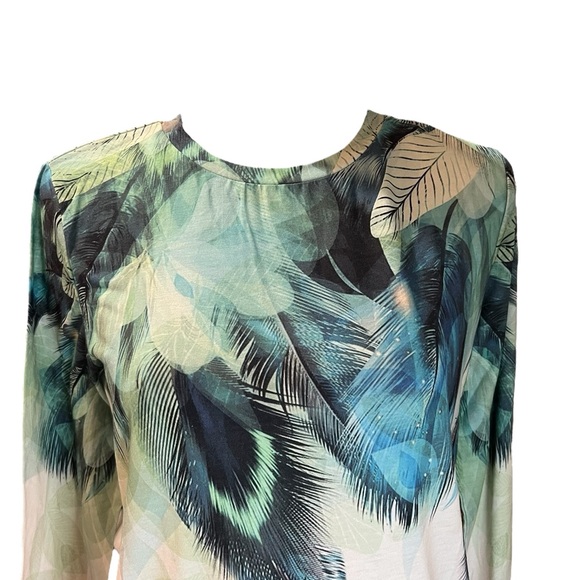 Women's Multicolor Peacock Feather Print Long Sleeve Top Sz S - Picture 2 of 5